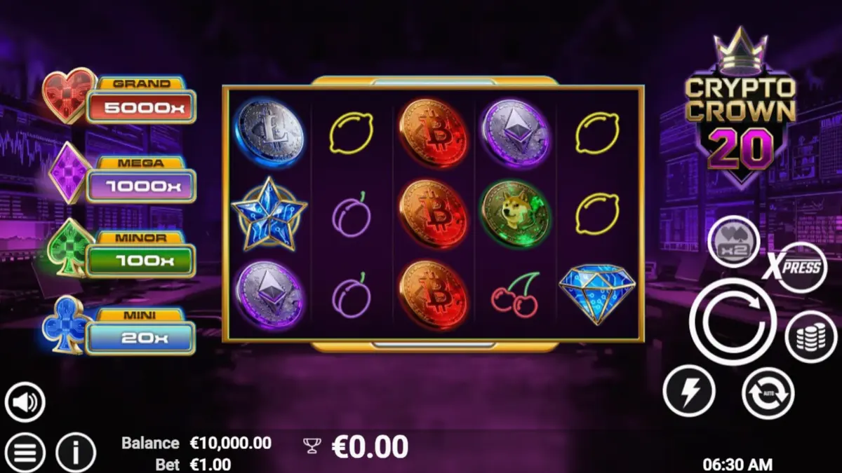 Crypto Crown 20 slot game interface na may neon at crypto theme