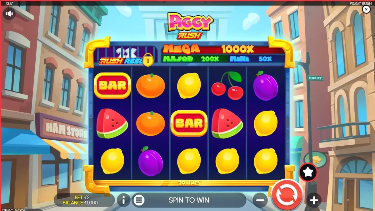 Makulay na disenyo ng Piggy Rush slot na may mga prutas at piggy bank