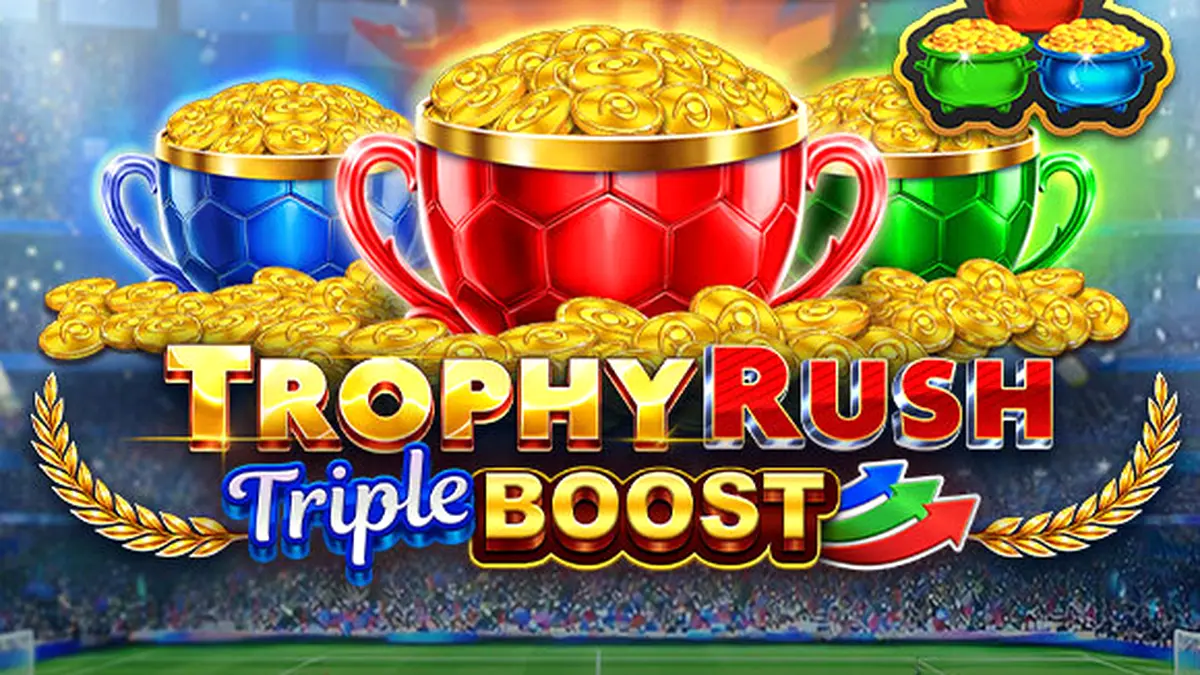 Ang interface ng Trophy Rush Triple Boost slot na nagpapakita ng mga golden coins at jackpot tiers.